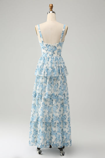 White Blue Floral A-Line Corset Tiered Maxi Dress